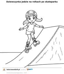 Dziewczynka jedzie na rolkach po skateparku — kolorowanka do wydruku dla dzieci