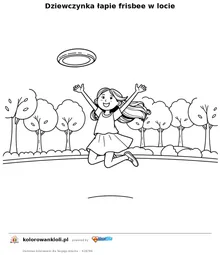 Dziewczynka łapie frisbee w locie — kolorowanka do wydruku dla dzieci