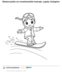 Dziewczynka na snowboardzie hamuje, sypiąc śniegiem — kolorowanka do wydruku dla dzieci