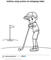 Golfista celuje puttem do odległego dołka — kolorowanka do wydruku dla dzieci