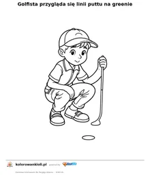 Golfista przygląda się linii puttu na greenie — kolorowanka do wydruku dla dzieci