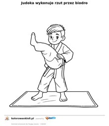 Judoka wykonuje rzut przez biodro — kolorowanka do wydruku dla dzieci