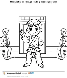 Karateka pokazuje kata przed sędziami — kolorowanka do wydruku dla dzieci