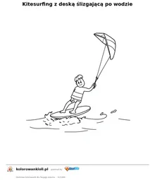 Kitesurfing z deską ślizgającą po wodzie — kolorowanka do wydruku dla dzieci