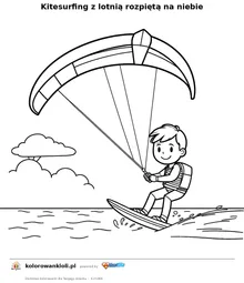 Kitesurfing z lotnią rozpiętą na niebie — kolorowanka do wydruku dla dzieci