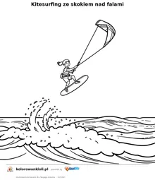 Kitesurfing ze skokiem nad falami — kolorowanka do wydruku dla dzieci