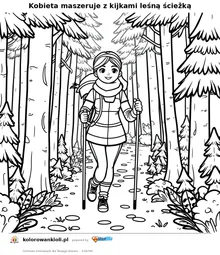 Kobieta maszeruje z kijkami leśną ścieżką — kolorowanka do wydruku dla dzieci
