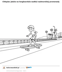 Chłopiec jedzie na longboardzie wzdłuż nadmorskiej promenady — kolorowanka do wydruku dla dzieci