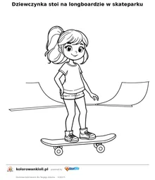 Dziewczynka stoi na longboardzie w skateparku — kolorowanka do wydruku dla dzieci