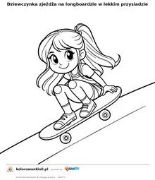 Dziewczynka zjeżdża na longboardzie w lekkim przysiadzie — kolorowanka do wydruku dla dzieci