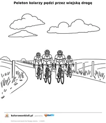 Peleton kolarzy pędzi przez wiejską drogę — kolorowanka do wydruku dla dzieci