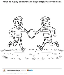 Piłka do rugby podawana w biegu między zawodnikami — kolorowanka do wydruku dla dzieci