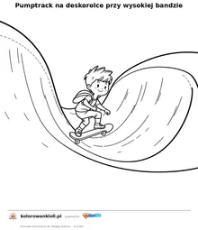 Pumptrack na deskorolce przy wysokiej bandzie — kolorowanka do wydruku dla dzieci