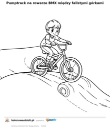 Pumptrack na rowerze BMX między falistymi górkami — kolorowanka do wydruku dla dzieci