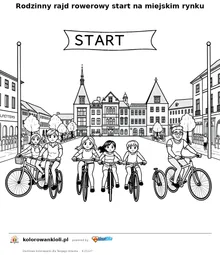 Rodzinny rajd rowerowy start na miejskim rynku — kolorowanka do wydruku dla dzieci