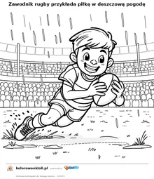 Zawodnik rugby przykłada piłkę w deszczową pogodę — kolorowanka do wydruku dla dzieci