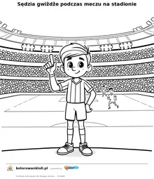 Sędzia gwiżdże podczas meczu na stadionie — kolorowanka do wydruku dla dzieci