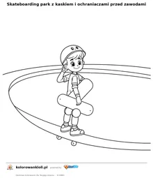 Skateboarding park z kaskiem i ochraniaczami przed zawodami — kolorowanka do wydruku dla dzieci