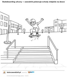 Skateboarding uliczny — zawodnik pokonuje schody miejskie na desce — kolorowanka do wydruku dla dzieci