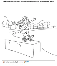Skateboarding uliczny — zawodniczka wykonuje trik na betonowej ławce — kolorowanka do wydruku dla dzieci