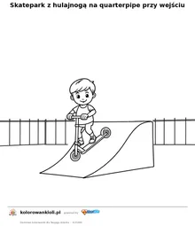 Skatepark z hulajnogą na quarterpipe przy wejściu — kolorowanka do wydruku dla dzieci