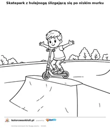 Skatepark z hulajnogą ślizgającą się po niskim murku — kolorowanka do wydruku dla dzieci