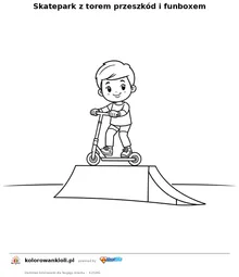 Skatepark z torem przeszkód i funboxem — kolorowanka do wydruku dla dzieci
