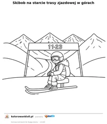 Skibob na starcie trasy zjazdowej w górach — kolorowanka do wydruku dla dzieci