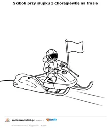 Skibob przy słupku z chorągiewką na trasie — kolorowanka do wydruku dla dzieci