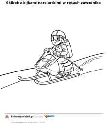 Skibob z kijkami narciarskimi w rękach zawodnika — kolorowanka do wydruku dla dzieci