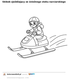 Skibob zjeżdżający ze śnieżnego stoku narciarskiego — kolorowanka do wydruku dla dzieci