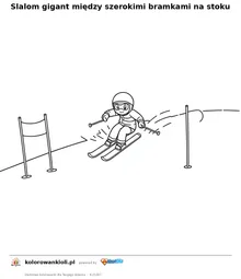 Slalom gigant między szerokimi bramkami na stoku — kolorowanka do wydruku dla dzieci