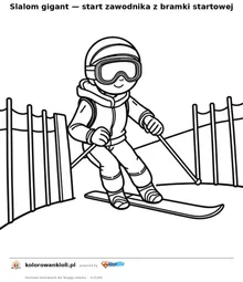 Slalom gigant — start zawodnika z bramki startowej — kolorowanka do wydruku dla dzieci