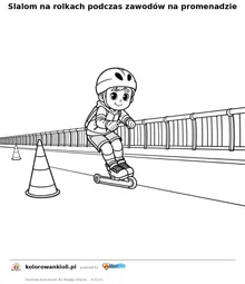 Slalom na rolkach podczas zawodów na promenadzie — kolorowanka do wydruku dla dzieci