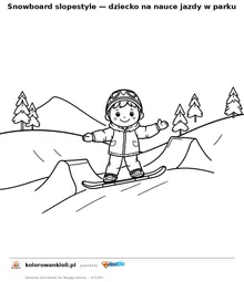 Snowboard slopestyle — dziecko na nauce jazdy w parku — kolorowanka do wydruku dla dzieci
