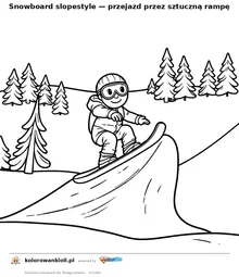 Snowboard slopestyle — przejazd przez sztuczną rampę — kolorowanka do wydruku dla dzieci