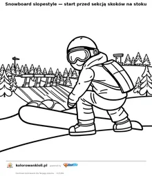 Snowboard slopestyle — start przed sekcją skoków na stoku — kolorowanka do wydruku dla dzieci