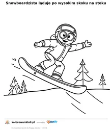 Snowboardzista ląduje po wysokim skoku na stoku — kolorowanka do wydruku dla dzieci