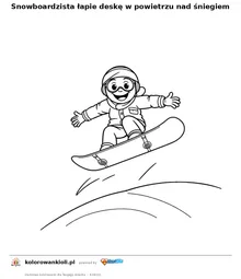 Snowboardzista łapie deskę w powietrzu nad śniegiem — kolorowanka do wydruku dla dzieci