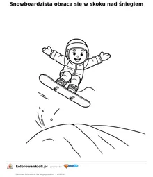 Snowboardzista obraca się w skoku nad śniegiem — kolorowanka do wydruku dla dzieci