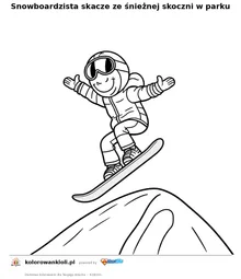 Snowboardzista skacze ze śnieżnej skoczni w parku — kolorowanka do wydruku dla dzieci