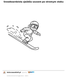 Snowboardzista zjeżdża szusem po stromym stoku — kolorowanka do wydruku dla dzieci