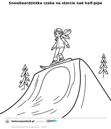 Snowboardzistka czeka na starcie nad half-pipe — kolorowanka do wydruku dla dzieci