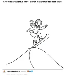 Snowboardzistka kręci obrót na krawędzi half-pipe — kolorowanka do wydruku dla dzieci