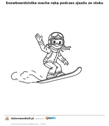 Snowboardzistka macha ręką podczas zjazdu ze stoku — kolorowanka do wydruku dla dzieci