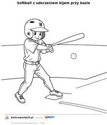 Softball z uderzeniem kijem przy bazie — kolorowanka do wydruku dla dzieci