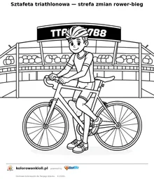 Sztafeta triathlonowa — strefa zmian rower-bieg — kolorowanka do wydruku dla dzieci