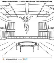 Trampolina sportowa — zawodniczka wykonuje układ na hali sportowej — kolorowanka do wydruku dla dzieci