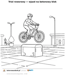 Trial rowerowy — wjazd na betonowy blok — kolorowanka do wydruku dla dzieci