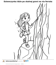 Dziewczynka idzie po skalnej grani na via ferrata — kolorowanka do wydruku dla dzieci